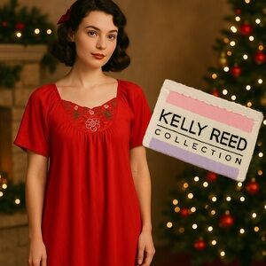 Vintage Kelly Reed Red Nylon Nightgown XL Embroidered Yoke Christmas Lounge